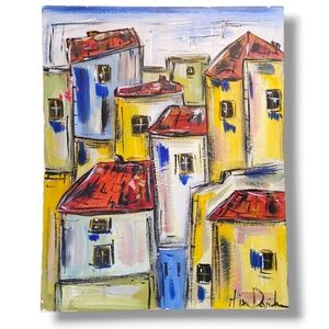 Original Alison Davidson Painting Colorful Houses Signed AS IS